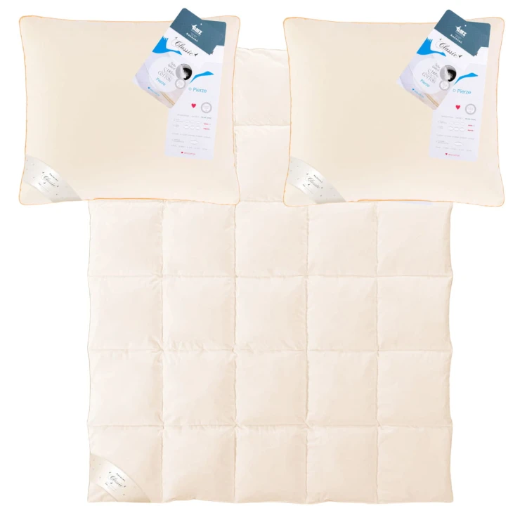 Komplet kołdra i poduszki 160x200 naturalna 100% pierze całoroczna kremowa AMZ
