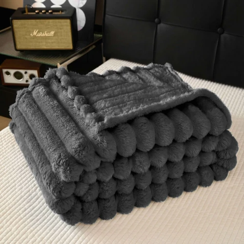 Koc 200x220 w prążki pasy gruby ciemno szary