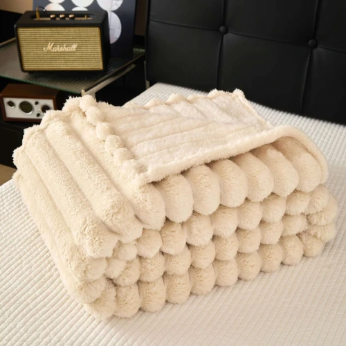 Koc 200x220 w prążki pasy gruby śmietankowy