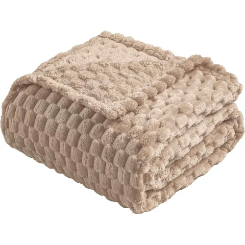 Koc 200x220 beżowy z mikrofibry miękki narzuta na łóżko