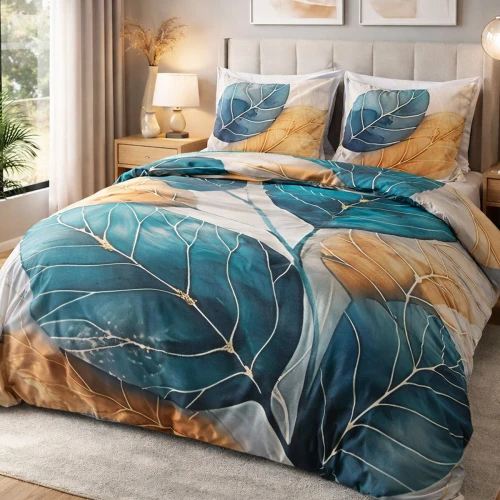Pościel satynowa bawełniana 200x220 w liście turkusowo-złote premium