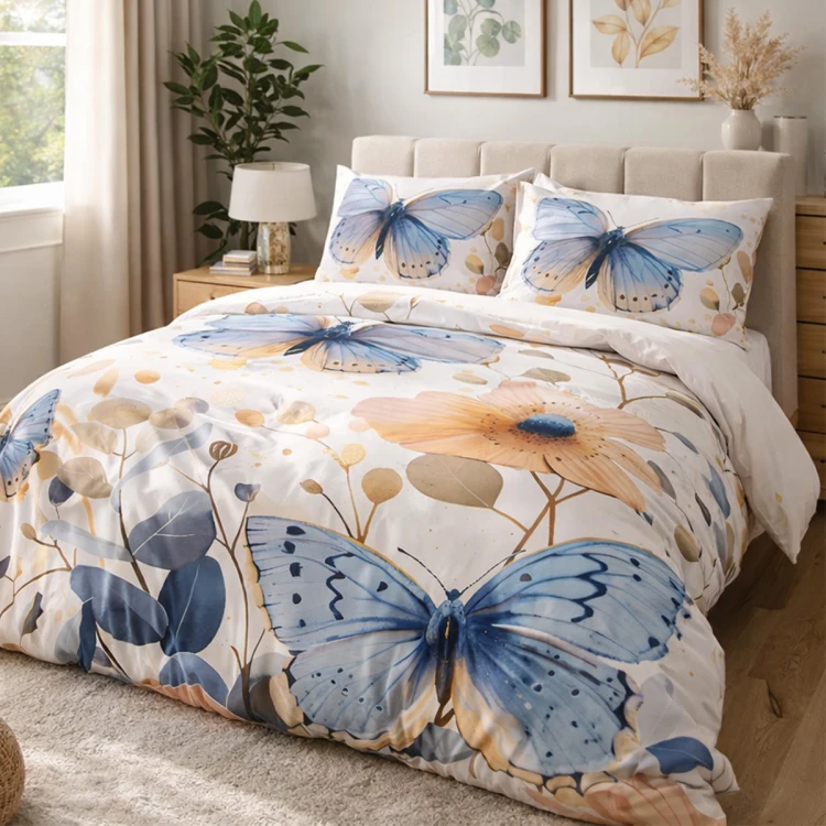 Pościel satynowa bawełniana 200x220 w niebieskie motyle premium