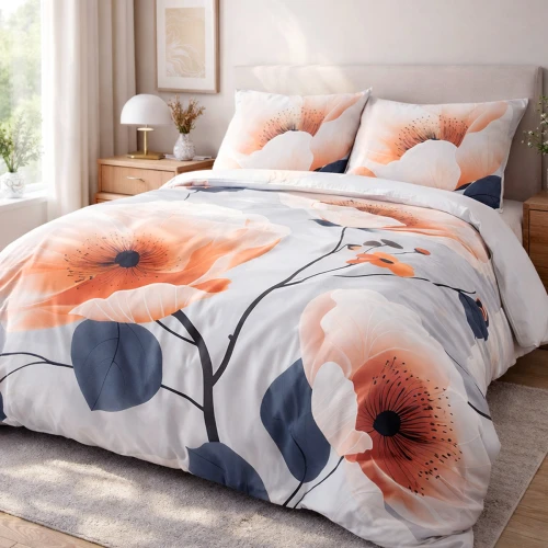 Pościel satynowa bawełniana 200x220 w pomarańczowe kwiaty premium