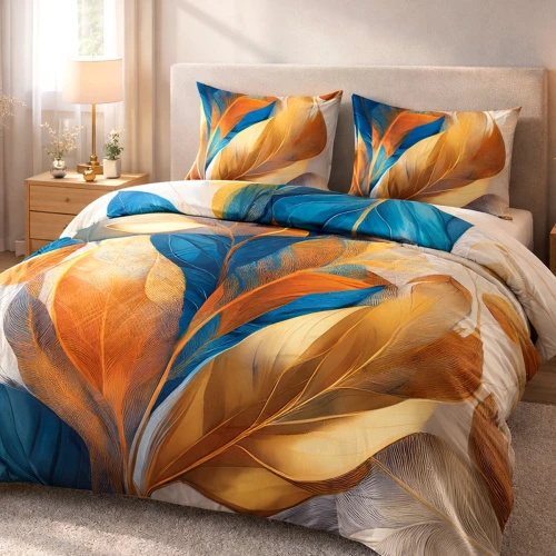 Pościel satynowa bawełniana 200x220 złoto-turkusowe liście SATYNLOVE PREMIUM