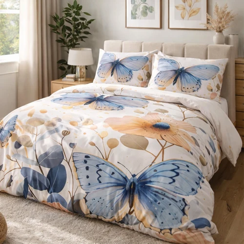 Pościel satynowa bawełniana 160x200 niebieskie motyle Satynlove Premium