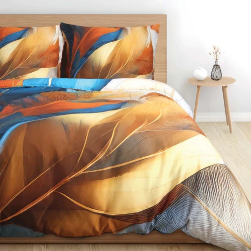 Pościel satynowa bawełniana 160x200 złoto-turkusowe liście SATYNLOVE PREMIUM