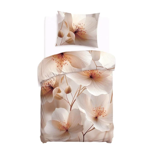 Pościel satynowa bawełniana 140x200 jasne beżowe kwiaty SATYNLOVE PREMIUM