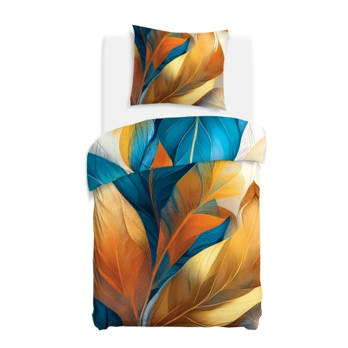 Pościel satynowa bawełniana 140x200 złoto-turkusowe liście SATYNLOVE PREMIUM