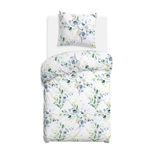 Pościel bawełniana 140x200 biała w zielone gałązki COTTONLOVE