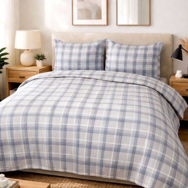Przejdź do produktu Pościel bawełniana 200x220 w szaro-niebieską kratę COTTONLOVE
