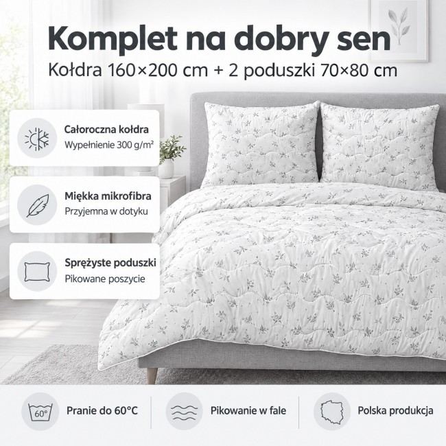 Przejdź do produktu Komplet kołdra 160×200 + 2 poduszki 70×80 cm całoroczny – Szara Gałązka