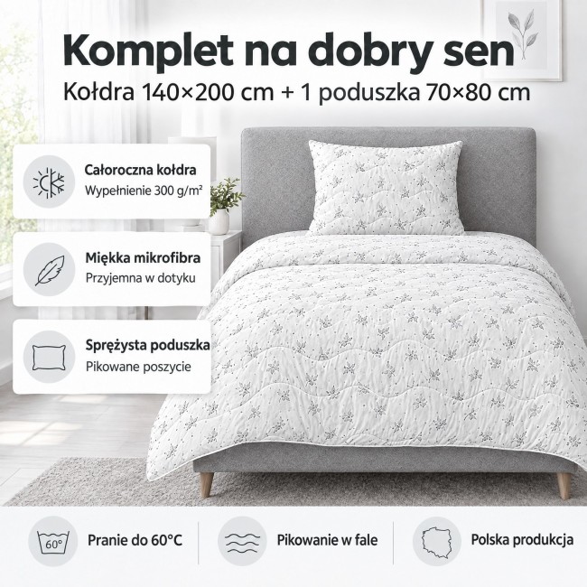 Przejdź do produktu Kołdra i poduszka 140x200 Szara Gałązka