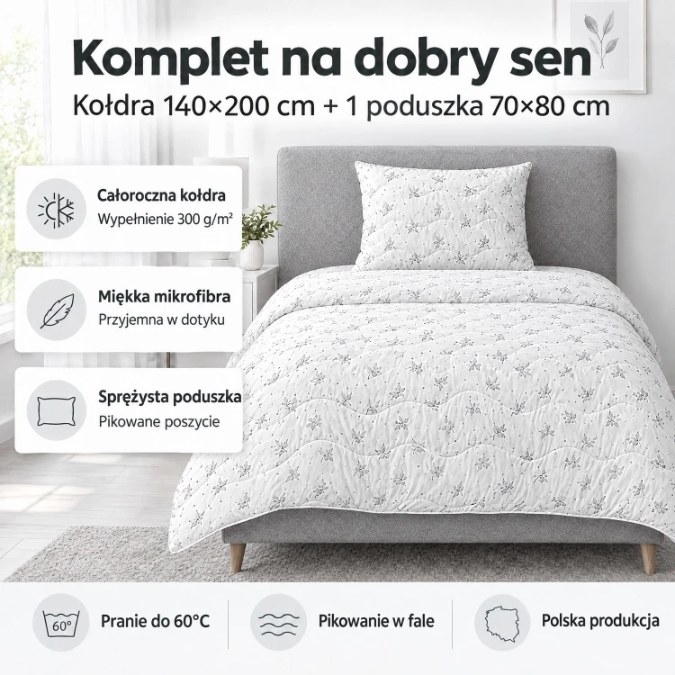 Kołdra i poduszka 140x200 Szara Gałązka ulotka