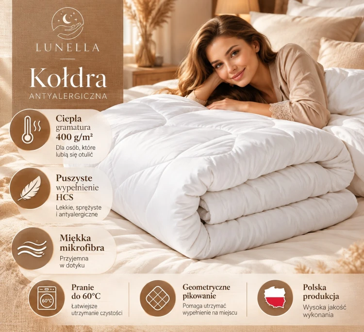 Lunella – kołdra antyalergiczna w przytulnej sypialni atrybuty