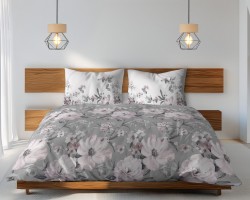 Pościel bawełniana 200x220 Pudrowe Magnolie szara w kwiaty 3 części