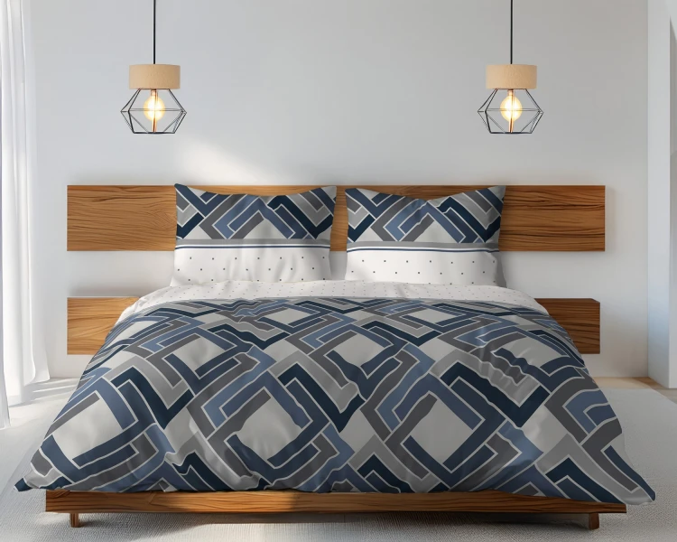 Pościel bawełniana 160x200 Niebieska Geometria granatowo-szara – 3 części