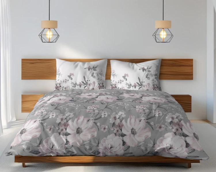 Pościel bawełniana 160x200 Pudrowe Magnolie szara w kwiaty