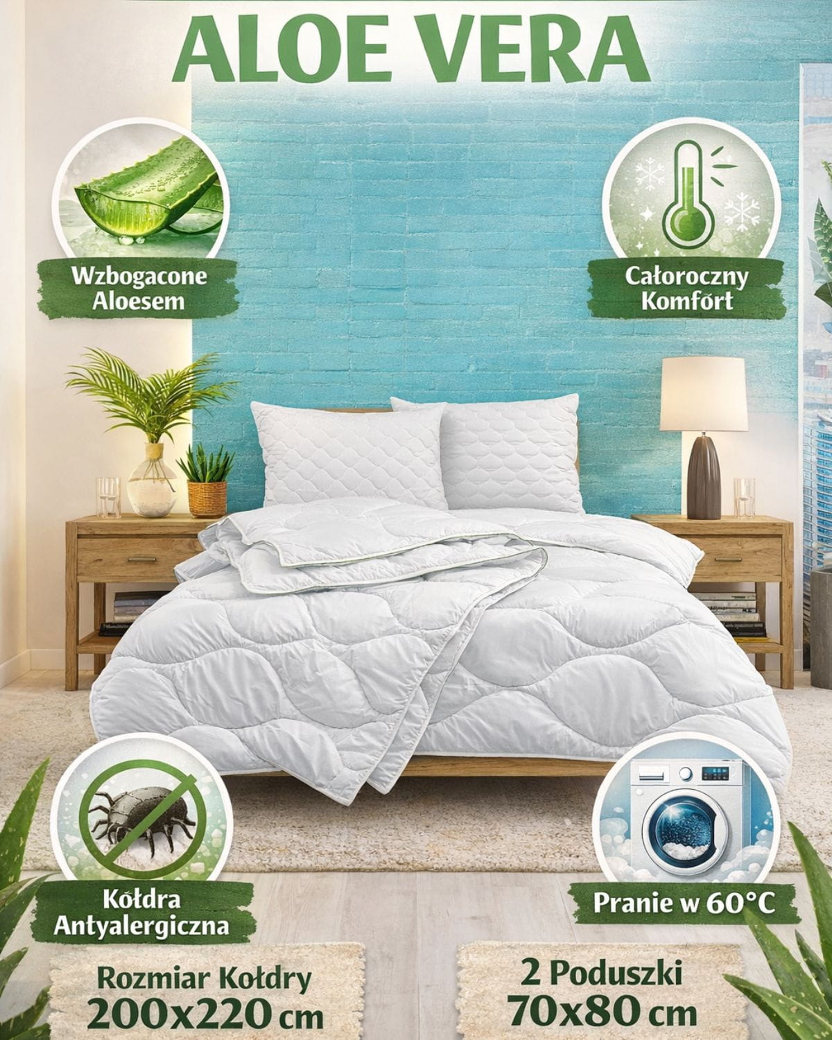 komplet kołdra 200x220 aloe vera z poduszkami 70x80