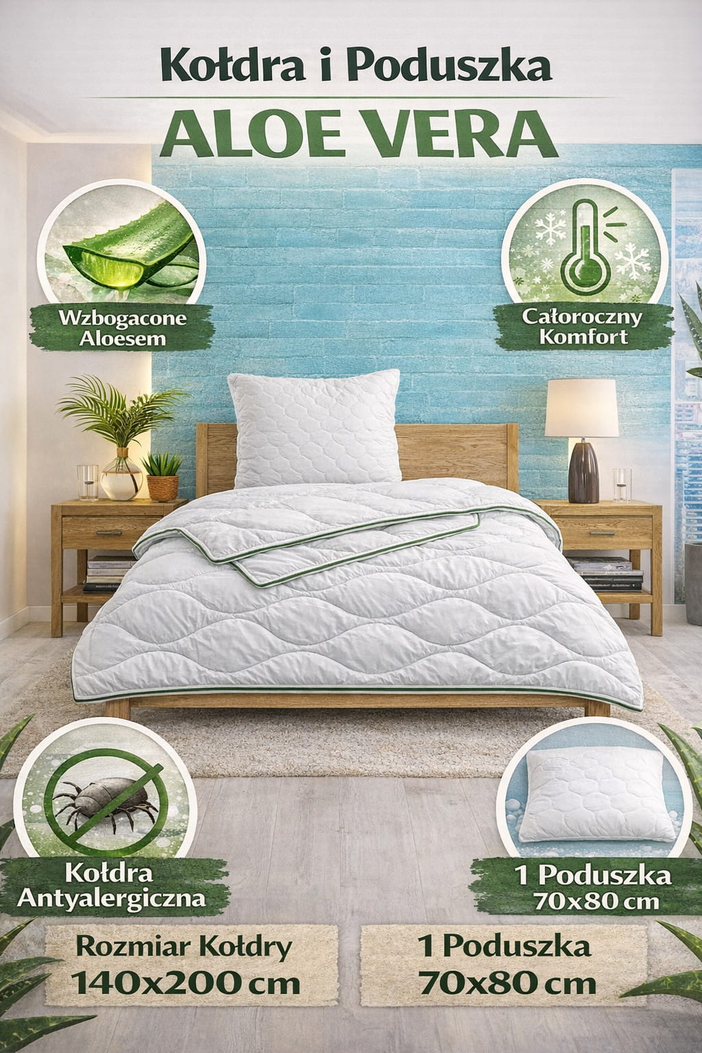 kołdra i poduszka 140x200 aloe vera