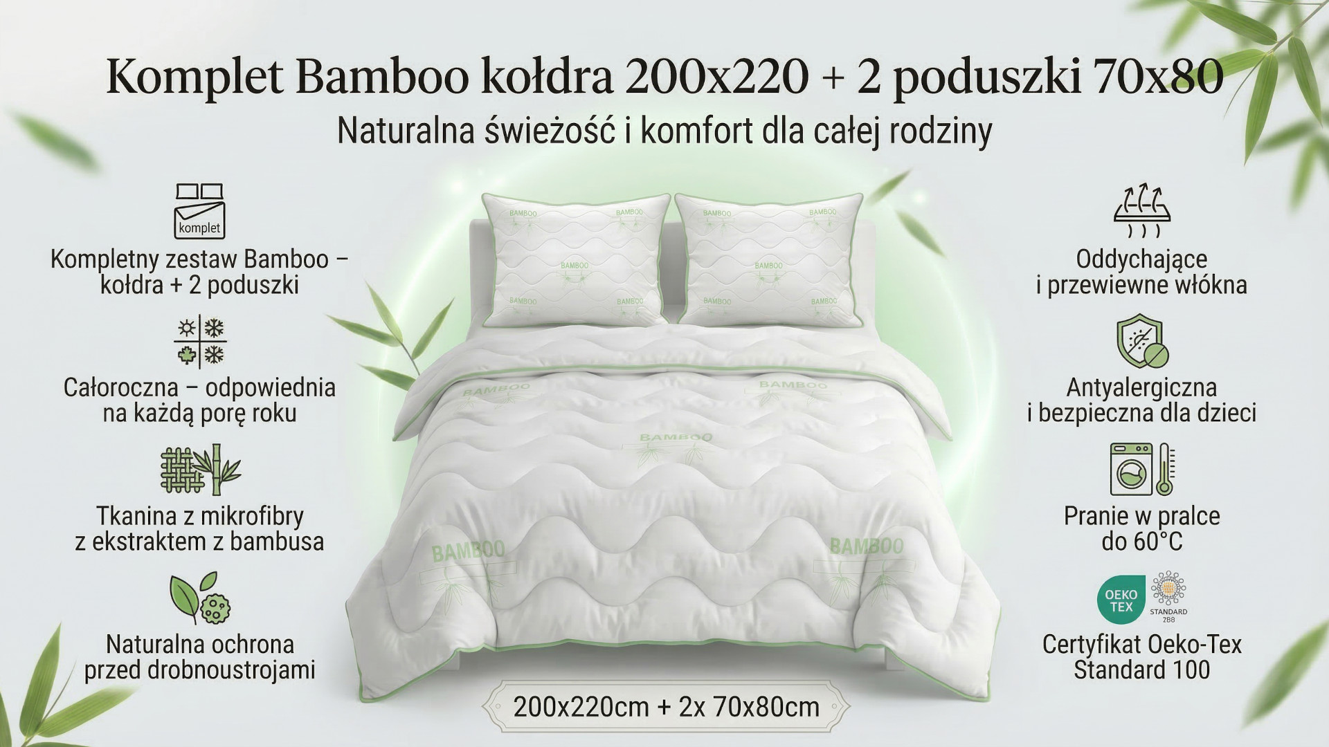 komplet kołra i poduszki bamboo 200x220 + 2x70x80 cm cechy produktu