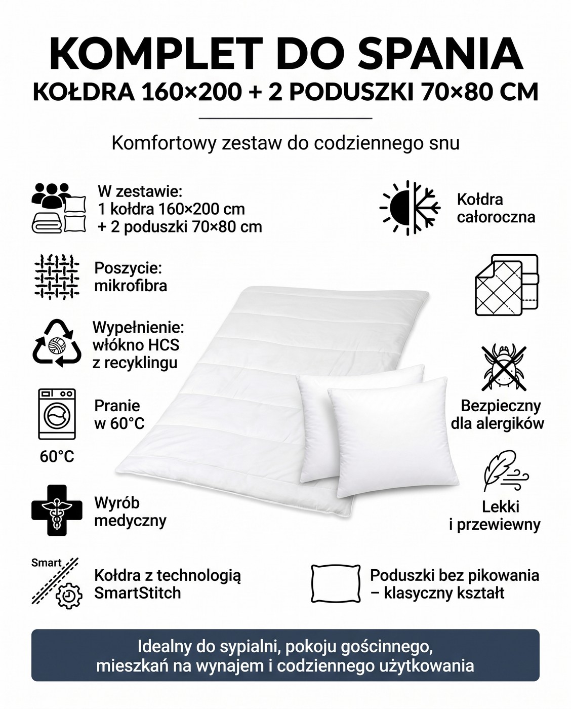 kołdra i poduszki cechy kompletu