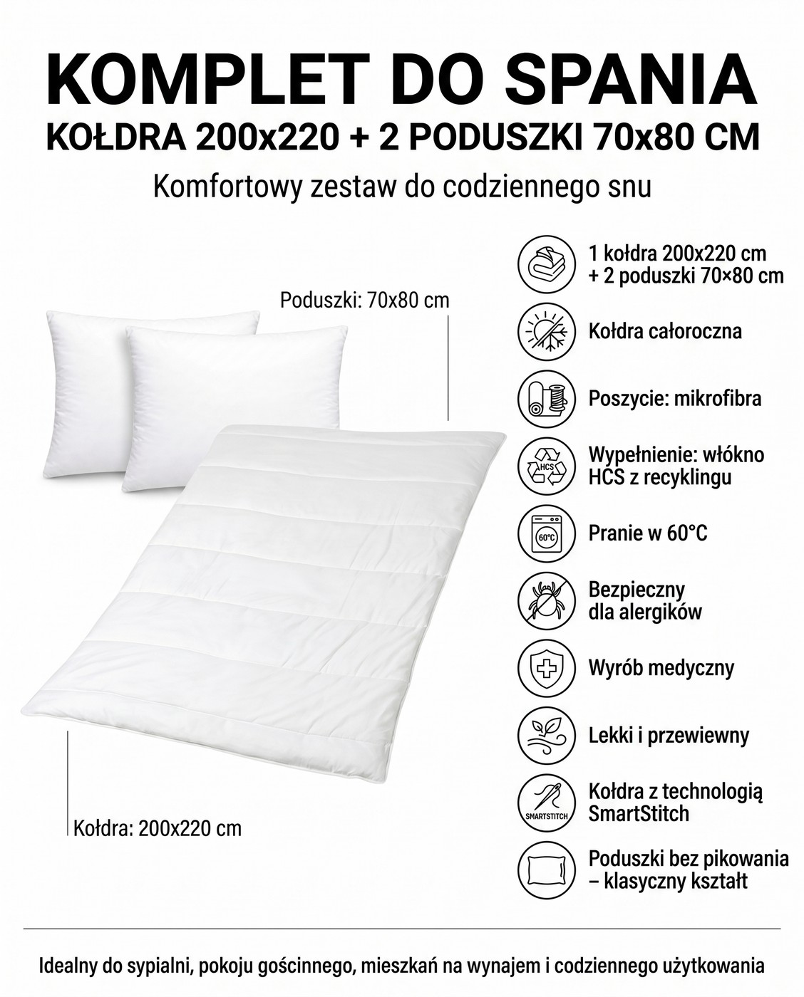 komplet kołdra 200x220 i poduszki cechy