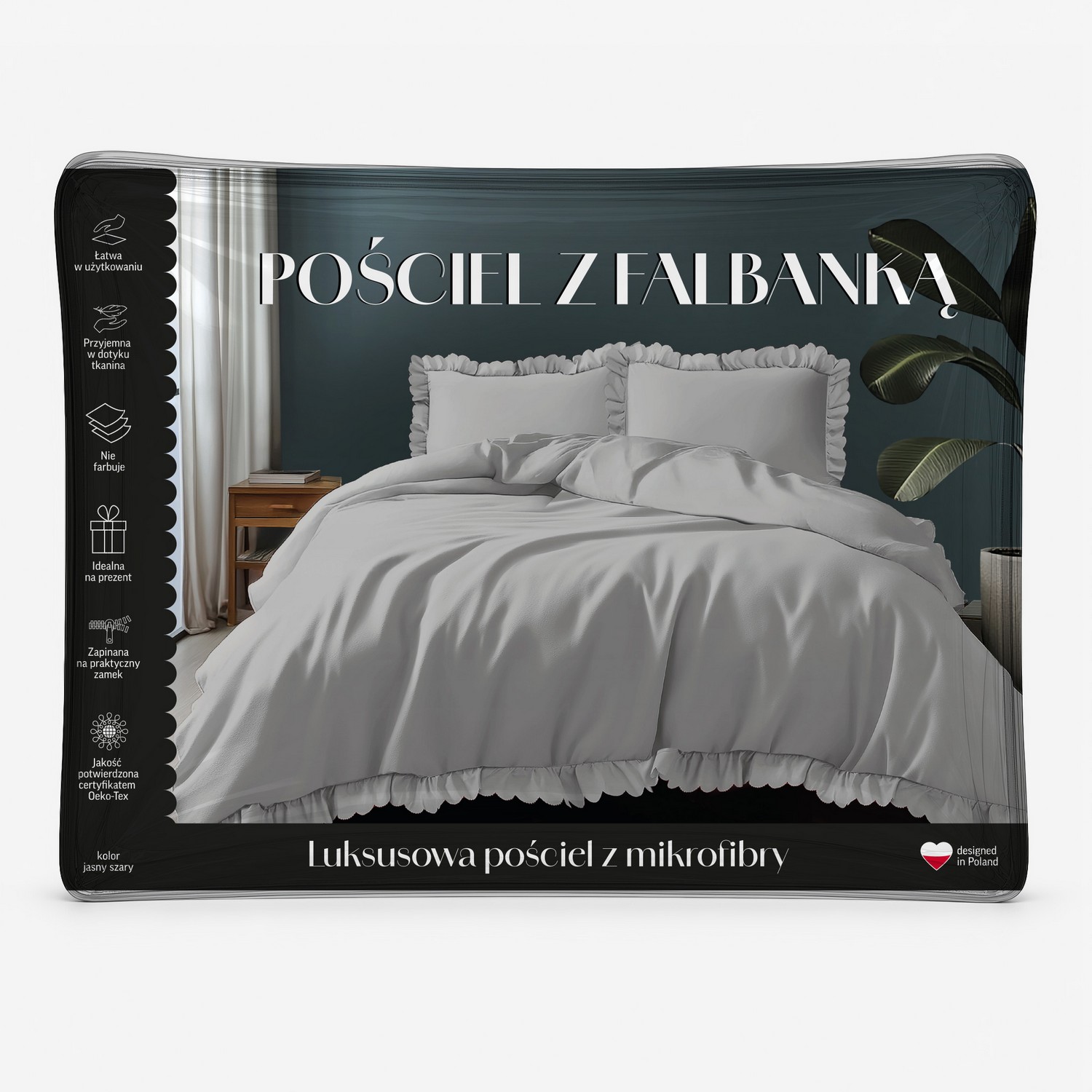 komplet pościel 200x220 z falbaną jasna szara