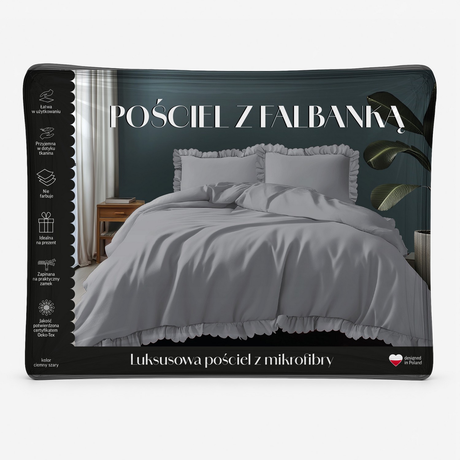 komplet pościeli 160x200 z falbaną ciemnoszara