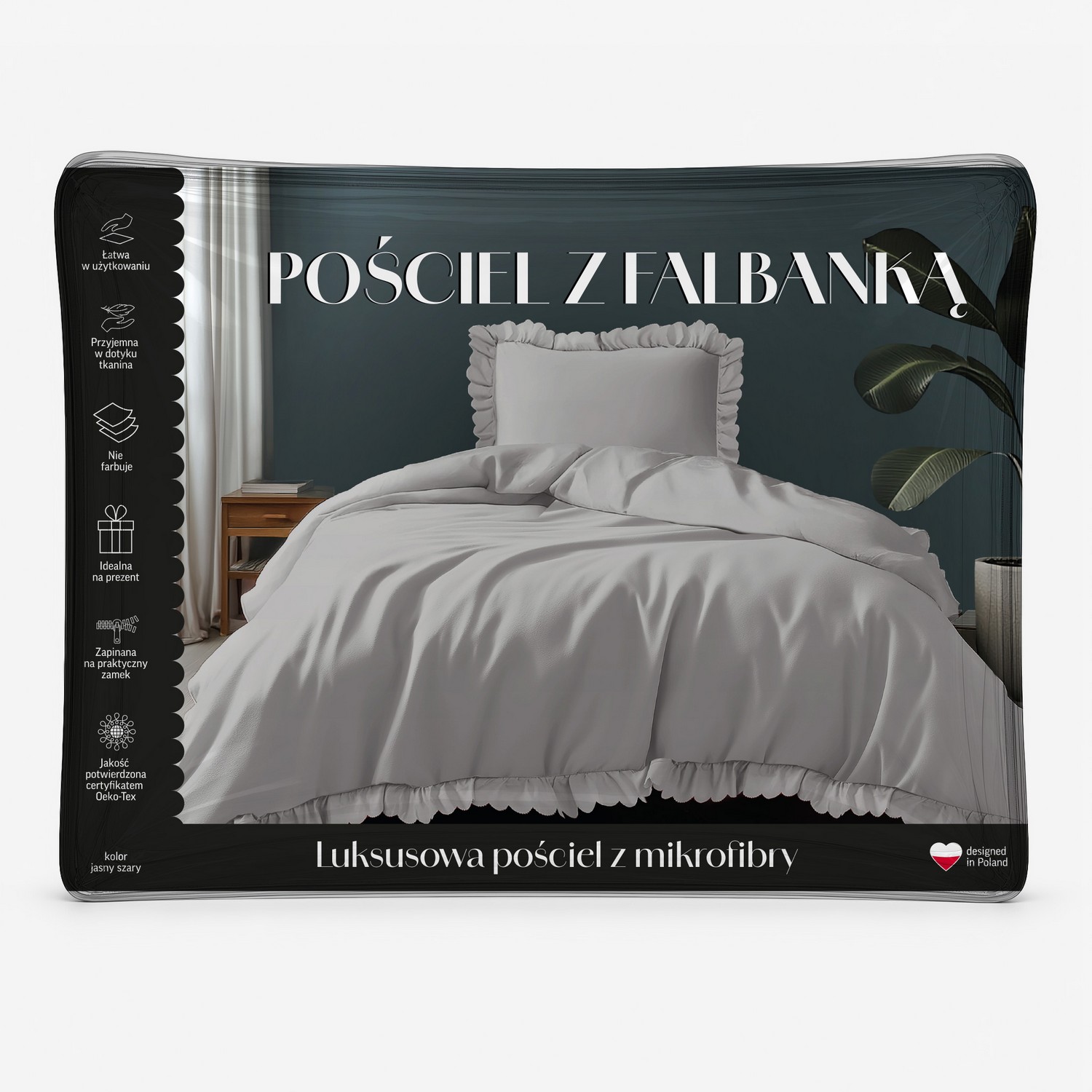 pościel z falbanką 140x200 jasnoszara