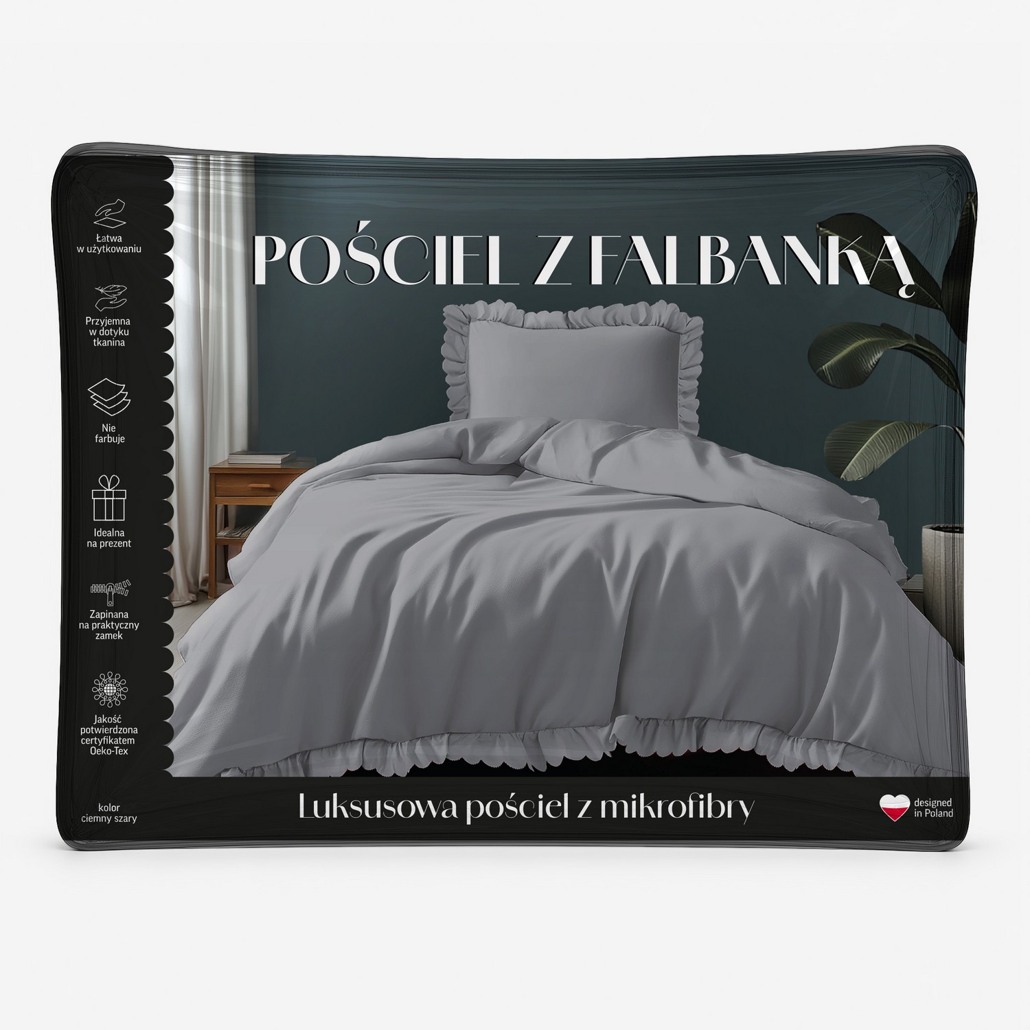 pościel z falbaną 140x200 ciemnoszara
